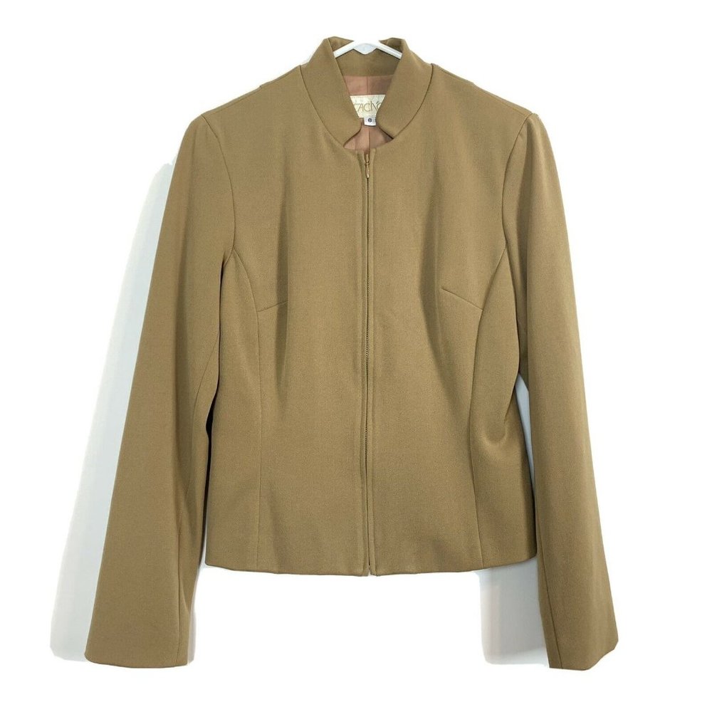 Cache Womens Blazer Jacket Size 6 Beige Zip Up Long Sleeves Lined EUC